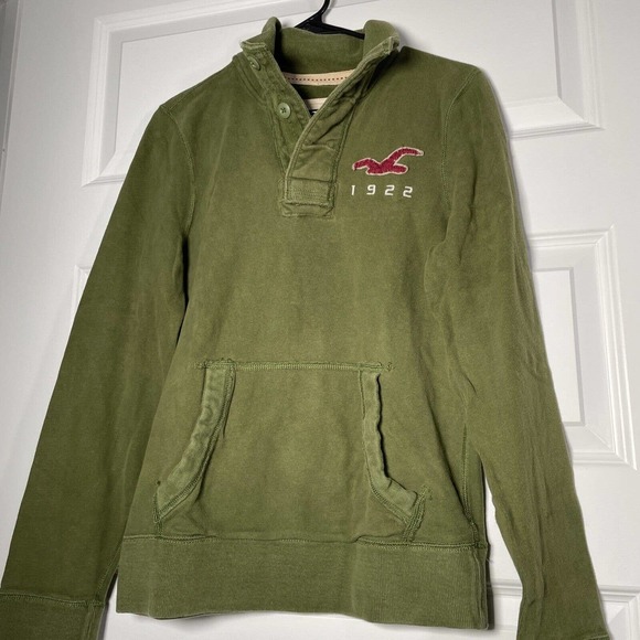 Hollister Pullover Sweatshirt Olive Army Green XS 1/4 Button Kangaroo Pocket - Picture 5 of 7